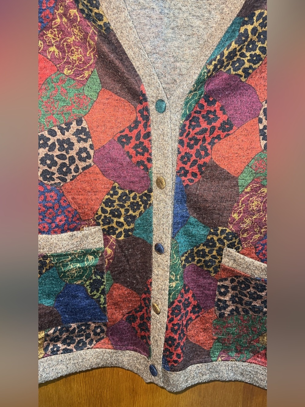 Sugar Multicolor Patchwork V-Neck Cardigan vintage Sweater size M - Picture 4 of 7